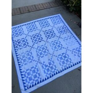 Handmade Quilt White and Blues 74 x74 inches Farmhouse Style Sawtooth Border
